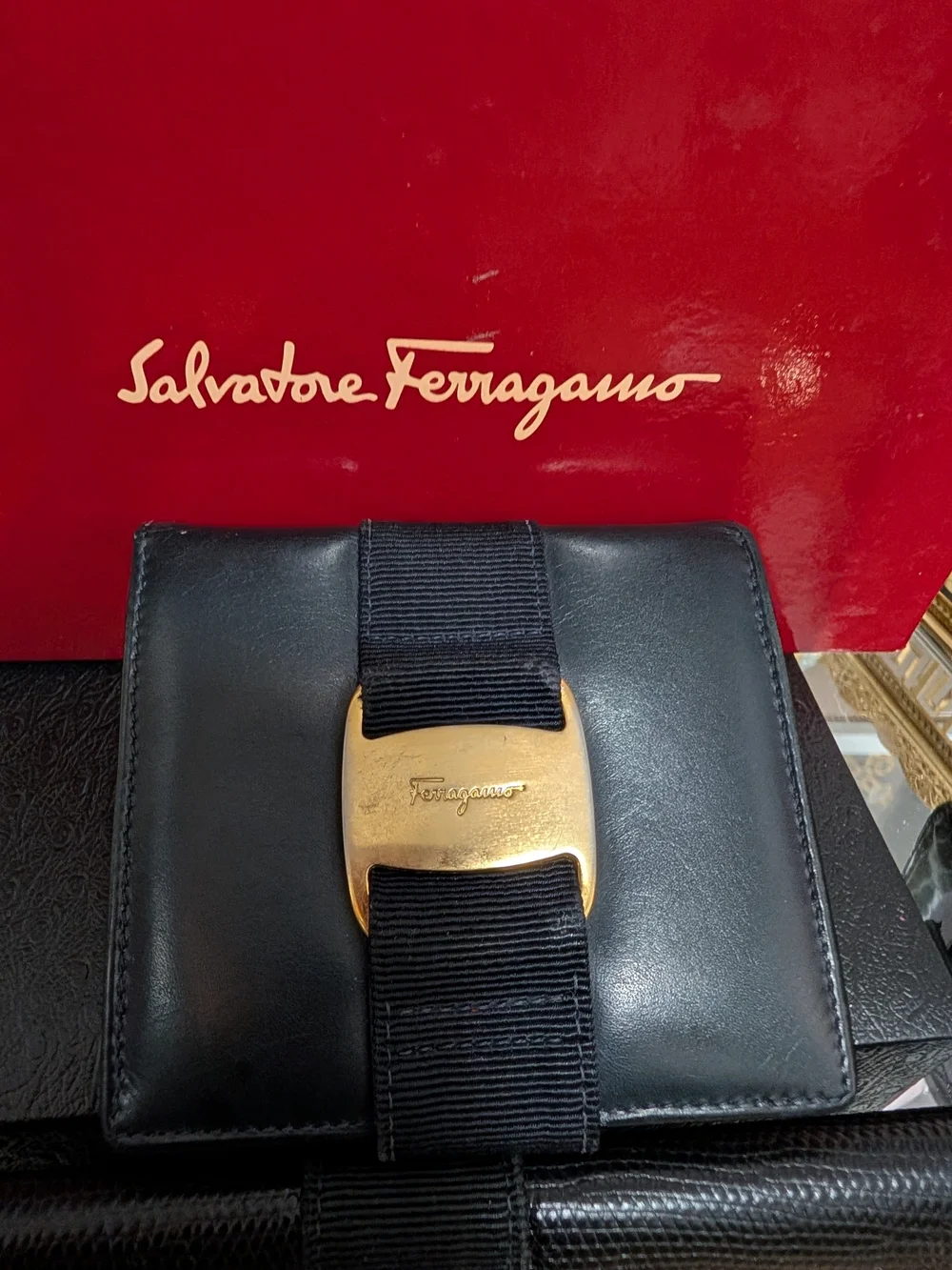 Salvatore Ferragamo Black Leather Wallet with Gold Gancini Accent